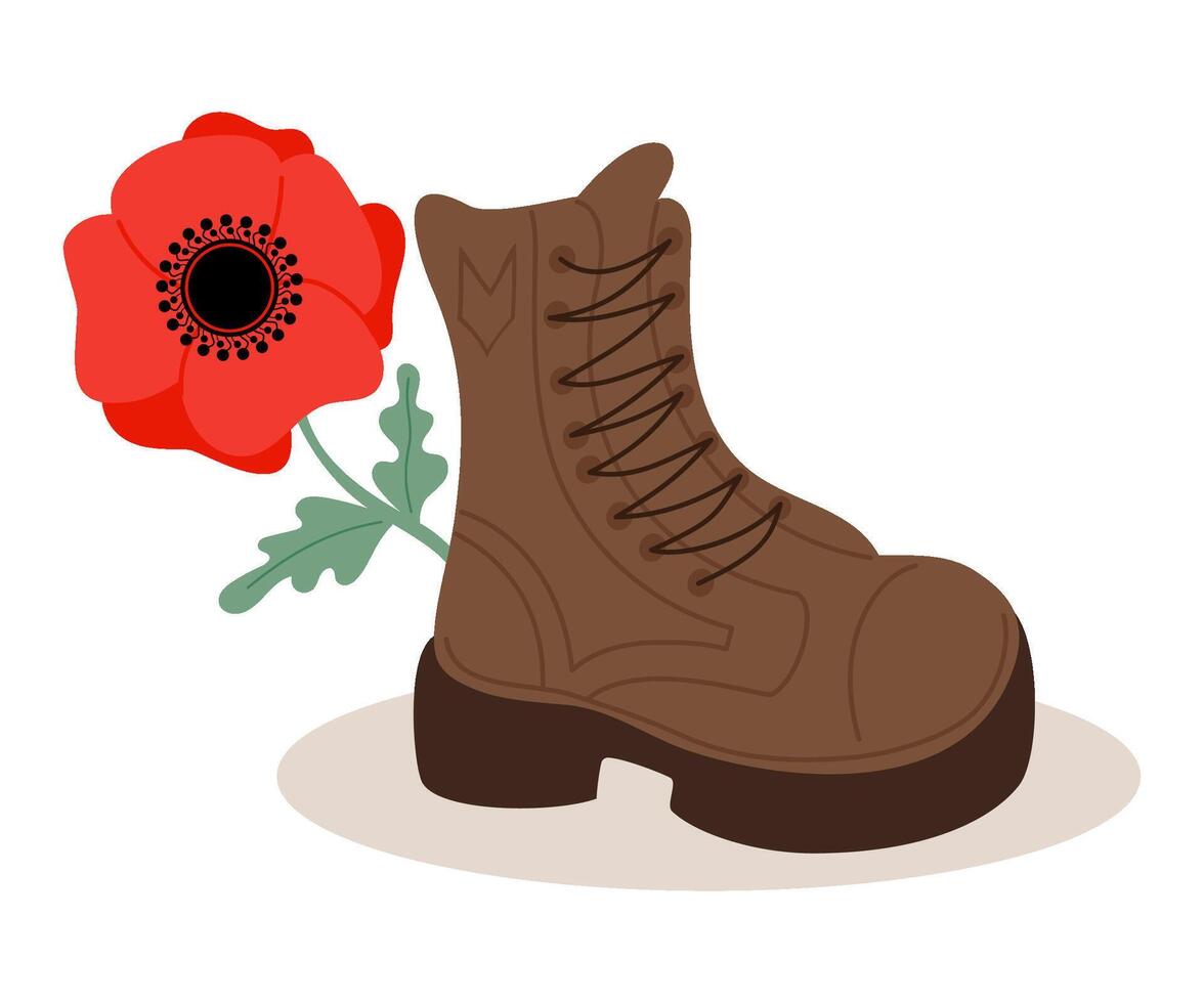 Military veteran boot with red poppy flower in flat style. vector