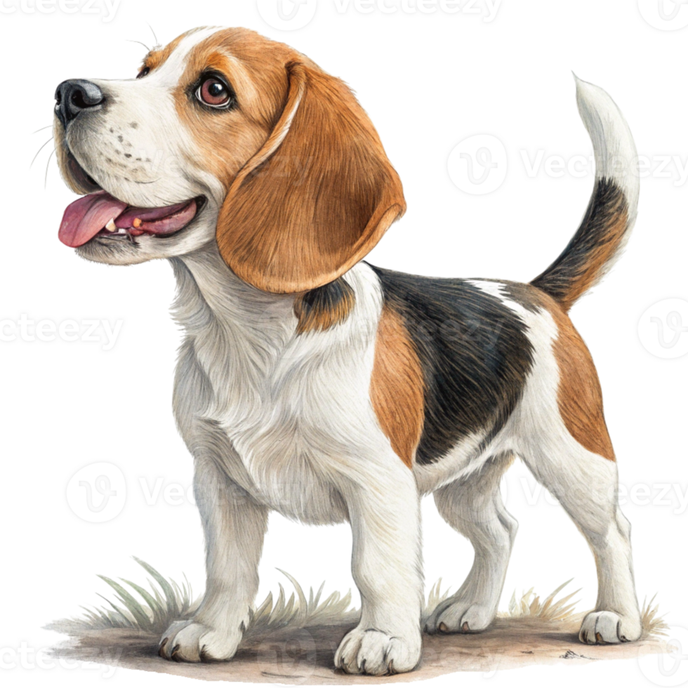 Beagle dog standing on grass with its tongue out png