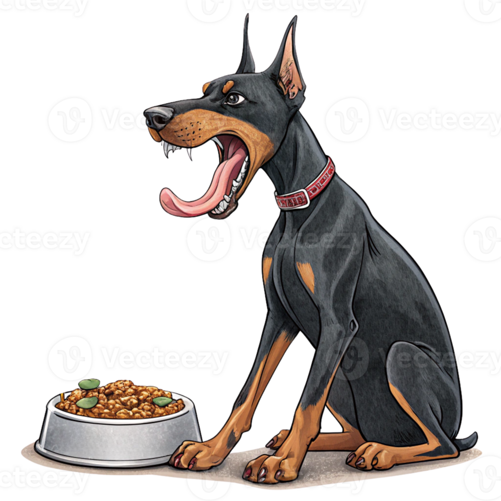 A doberman dog sitting next to a bowl of food png