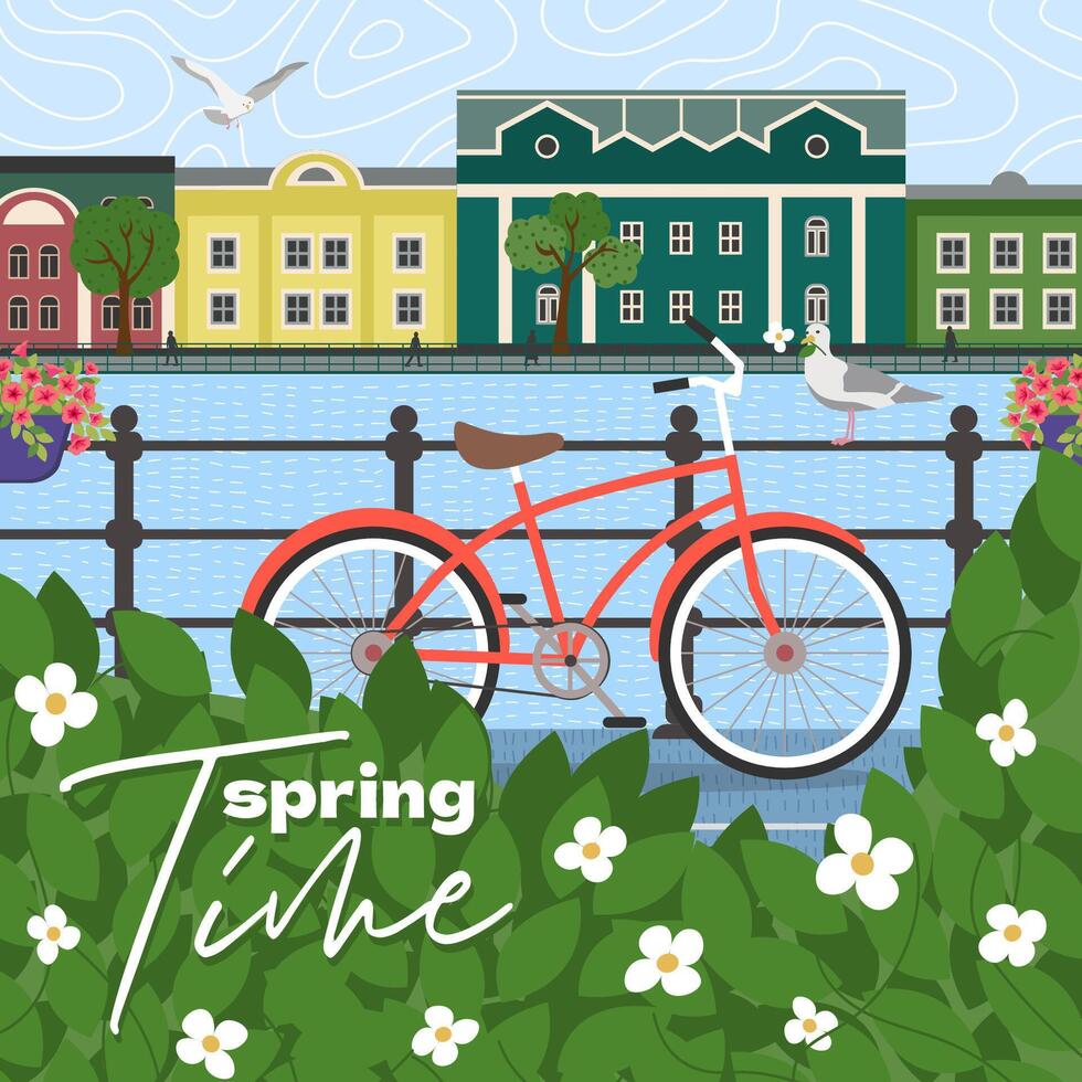 Artwork drawing square banner. Features spring scene with bicycle in urban park setting. Lively city atmosphere with river and trees. Perfect for outdoor activities or lifestyle themes. vector