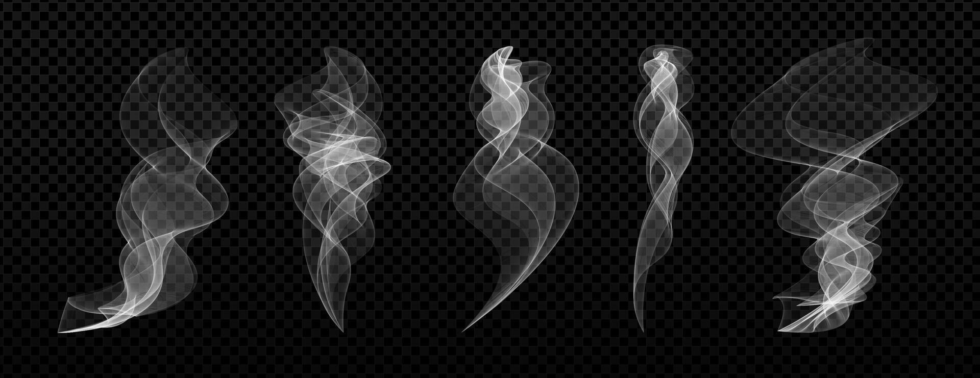 Realistic steam and smoke set on black background. Transparent hot vapor, fog and mist from coffee, tea, fire or cigars. Abstract white smoky elements for weather, drink or explosion design. vector