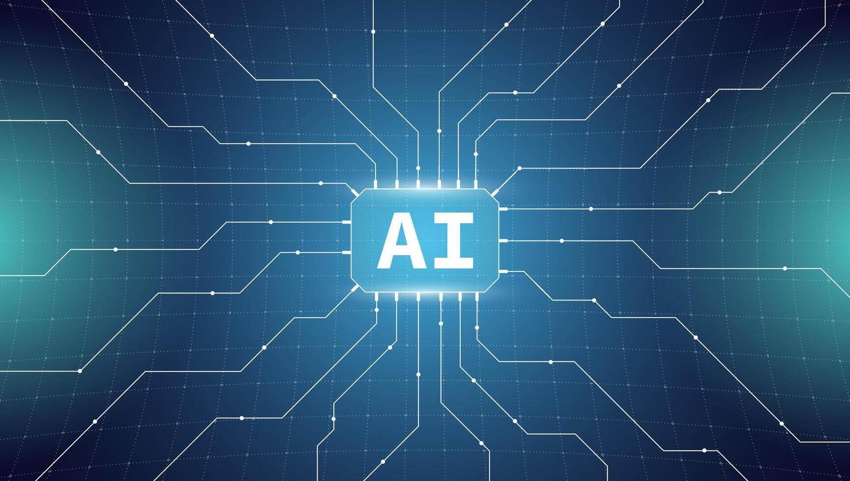 Futuristic AI technology banner. Microchip and neural network connections. Artificial intelligence and machine learning modern digital style illustration. Chatbot development or cyber innovation. vector