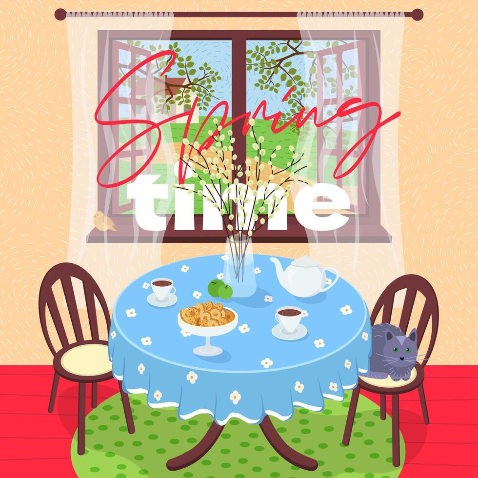 Artwork drawing square banner. Features cozy indoor spring scene with table and tea or coffee service. Countryside interior with warm comfortable atmosphere. Perfect for breakfast or teatime themes. vector