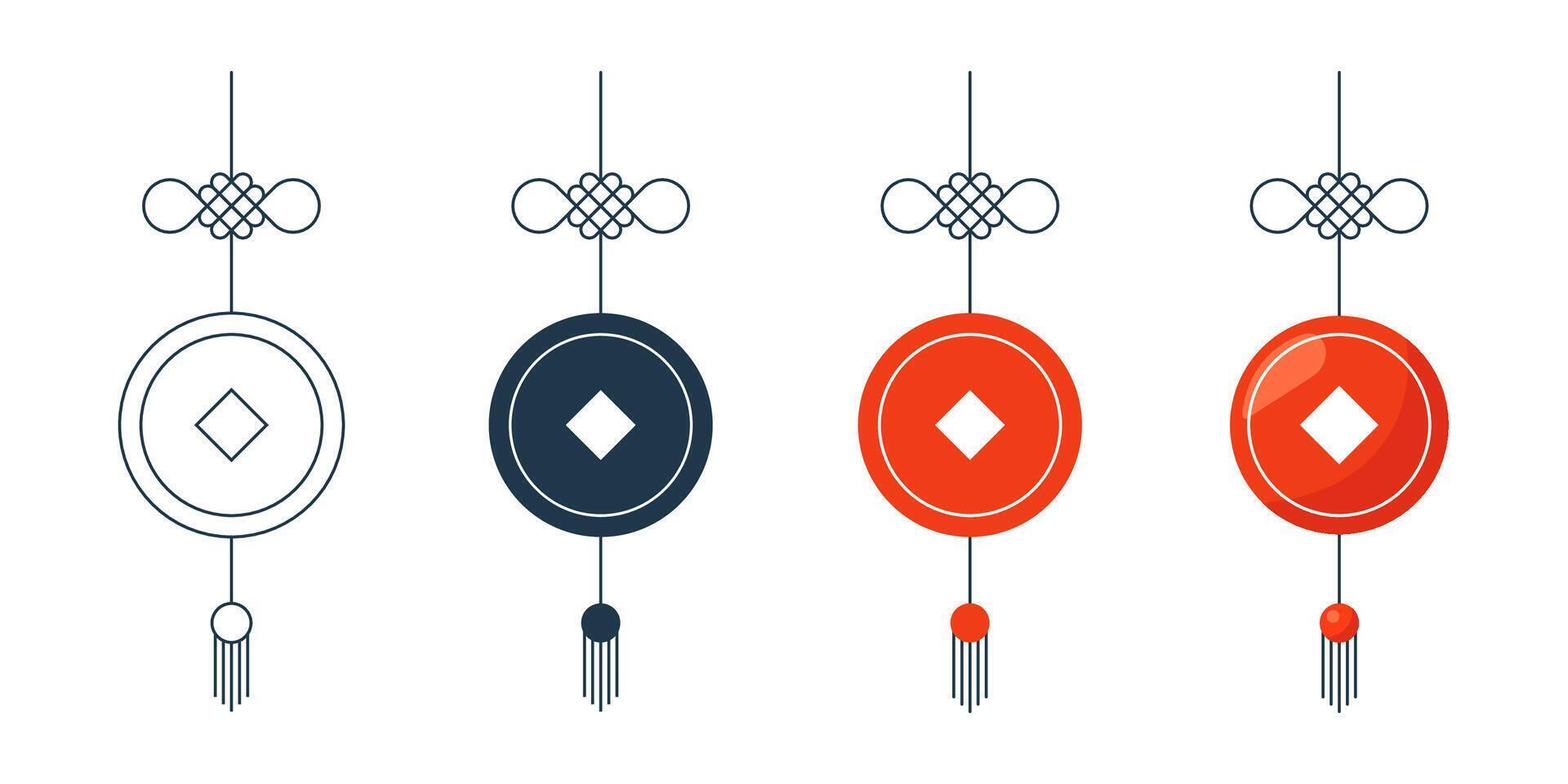 Set of Chinese feng shui lucky red coins with knots. Symbols of wealth, fortune and prosperity. Traditional Asian decoration for New Year, celebration or harmony themed design. Linear and flat vector