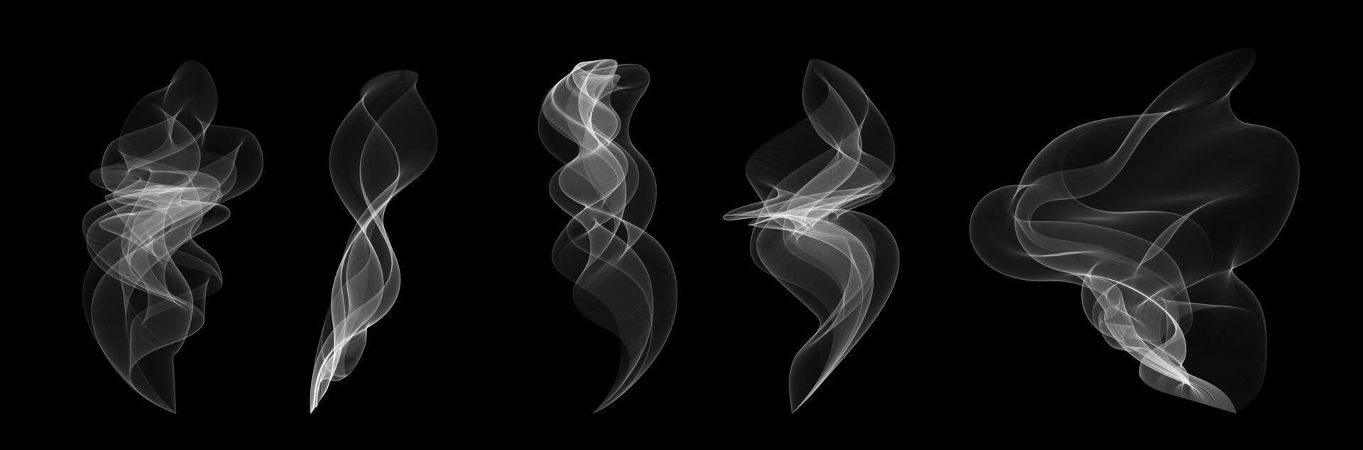 Realistic transparent steam and smoke set. White swirling vapors for tea, coffee, food or fire effects. illustration with glowing texture. Isolated icons for heat, cooking or spooky designs. vector