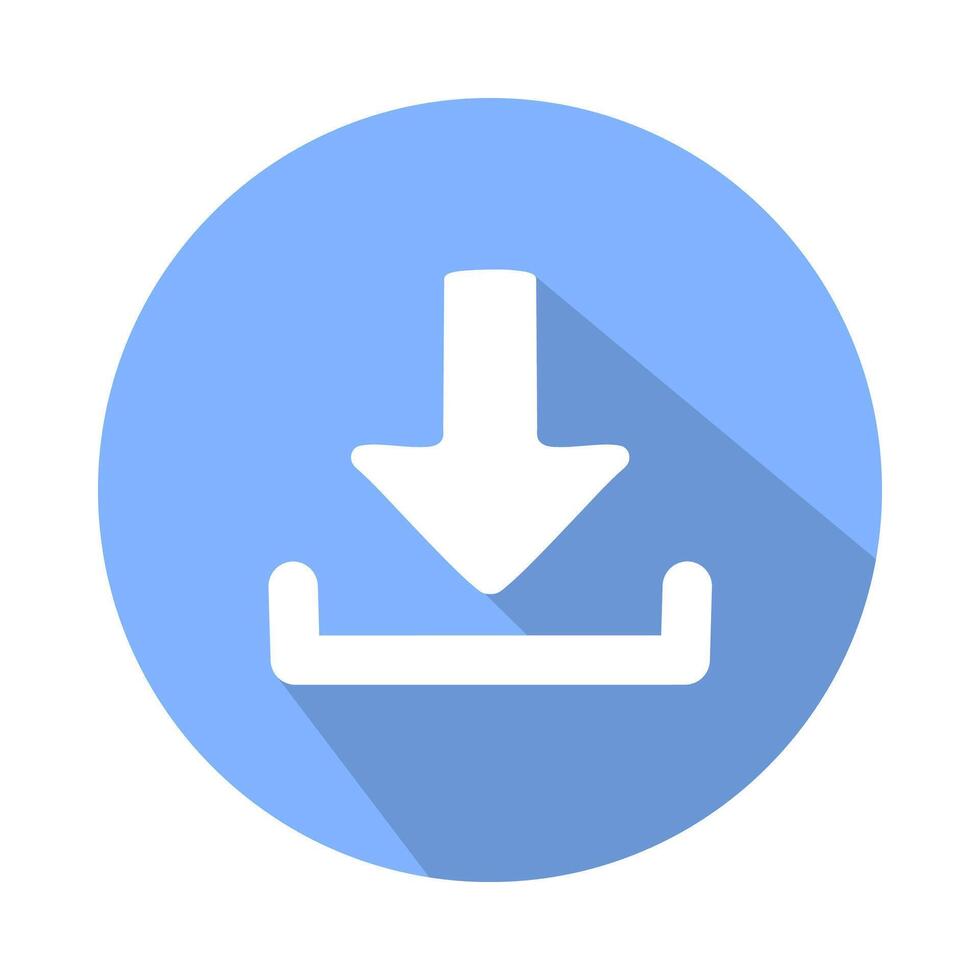 Download icon. Flat design style downloading symbol with long shadow isolated on blue background. vector