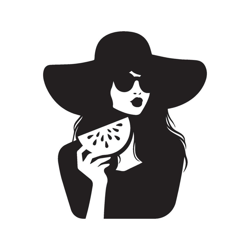 Girl wearing hat and sunglasses and eating watermelon silhouette on white background. Summer vacation concept . vector