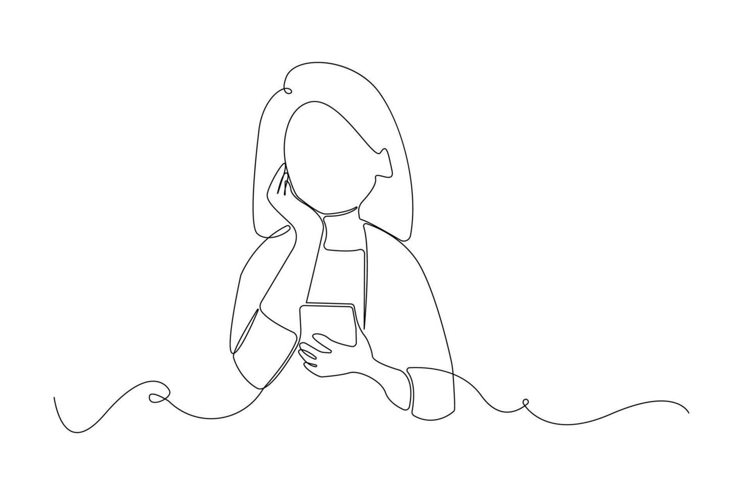 Depressed woman sitting with mobile phone continuous line art drawing. vector