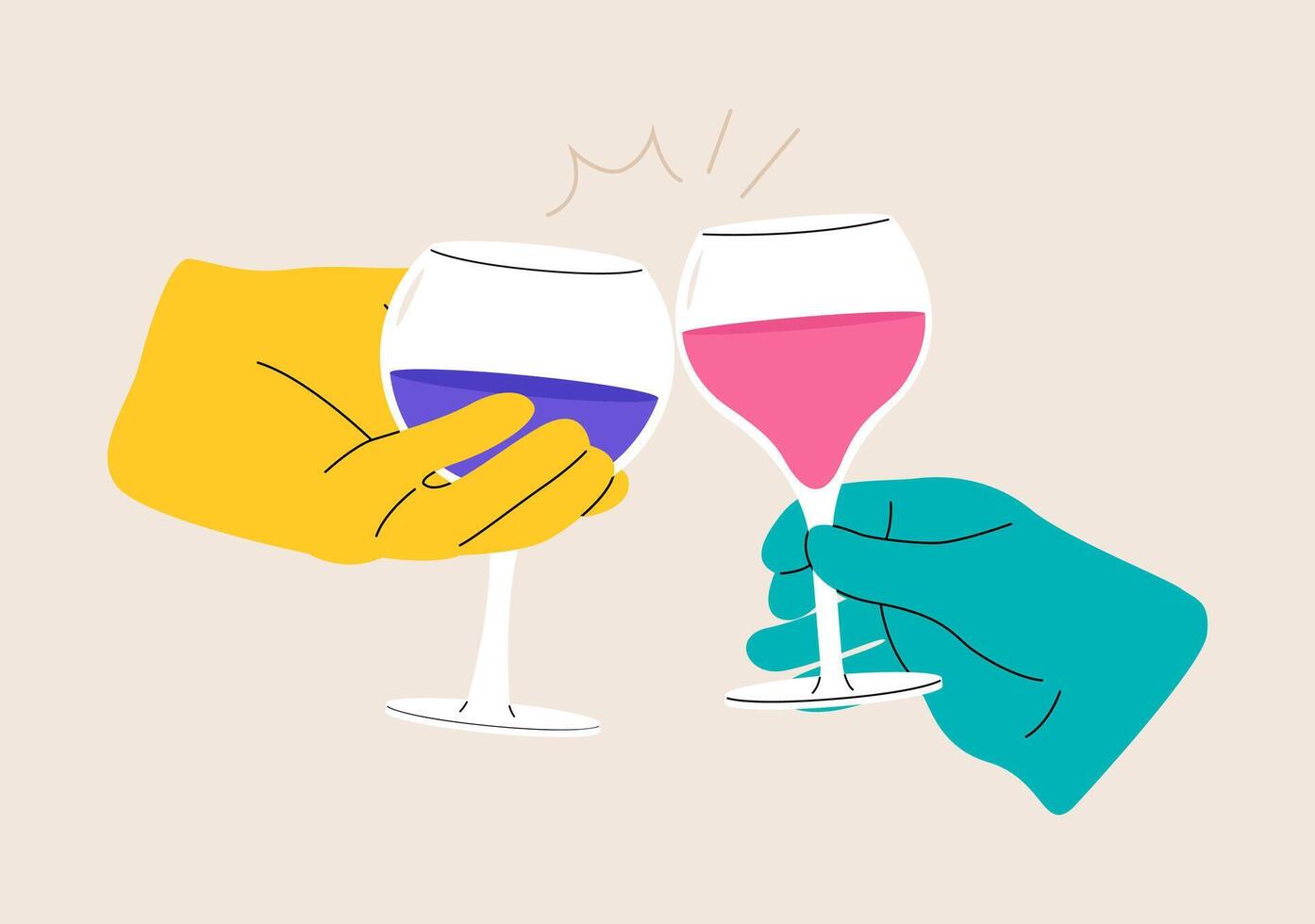 Two hands clinking wine glasses. Colorful illustration vector