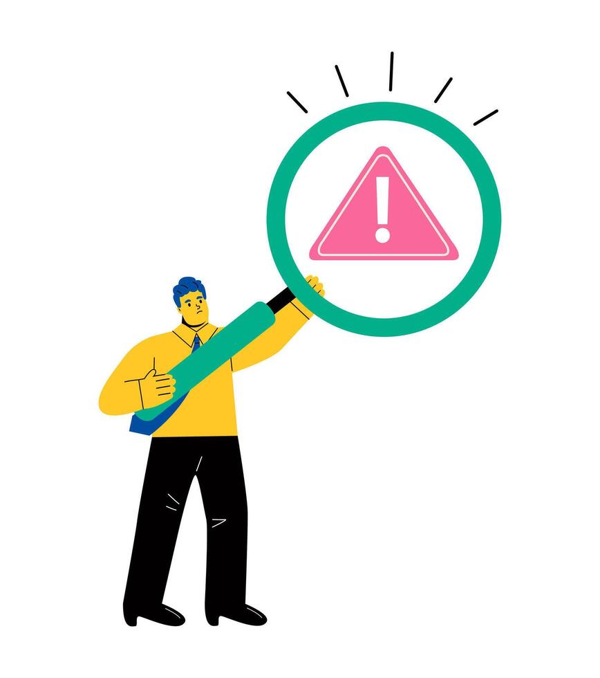Business man with magnifying glass and investigate incident with exclamation attention sign. Critical failure concept. Flat illustration isolated on white background vector