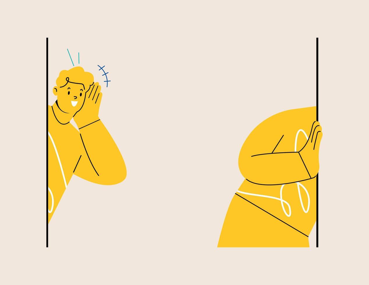 Young interested man standing looking. Prying and curiosity interest concept. Colorful illustration vector