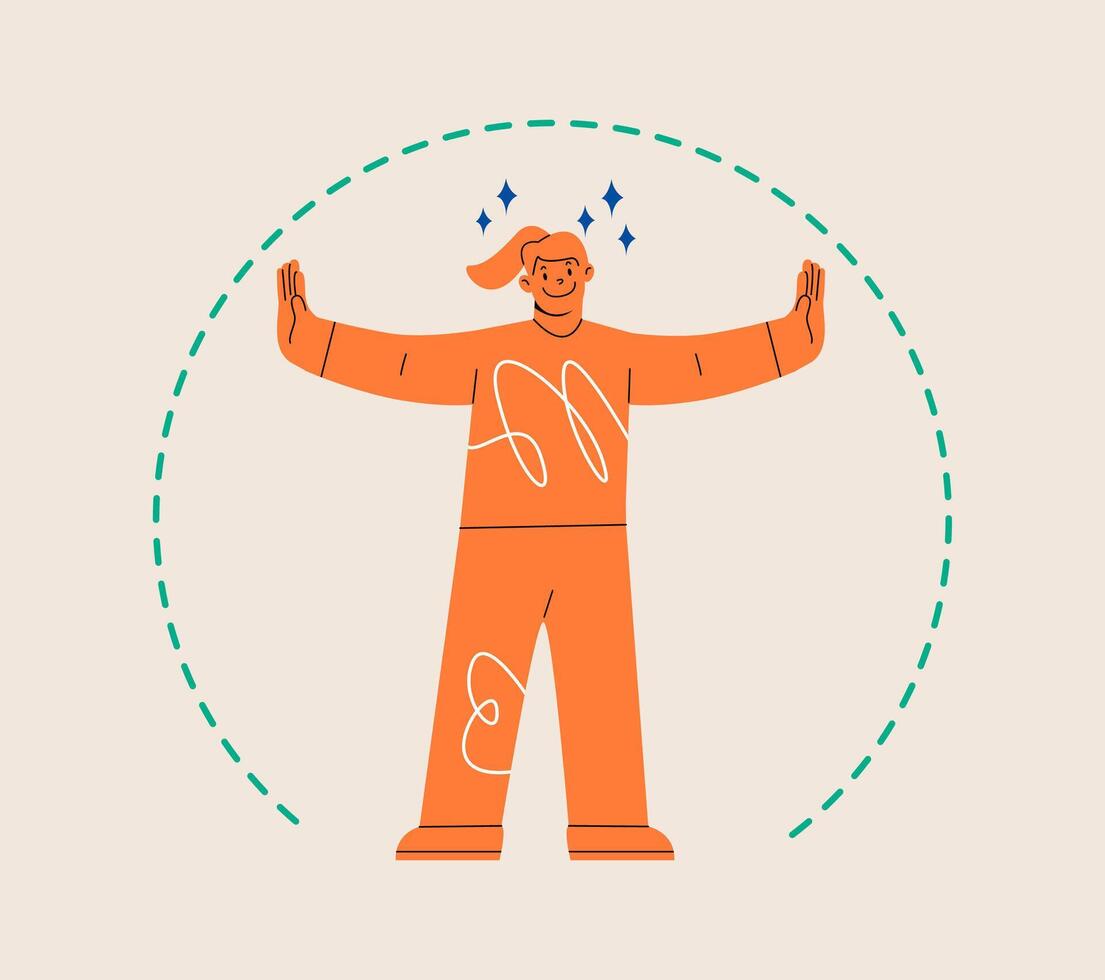 Woman spreads his arms wide and marks boundaries of his space. Personal boundaries concept. Colorful illustration vector
