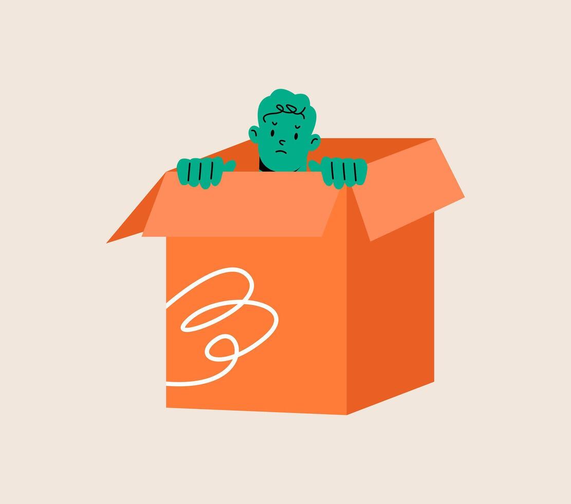 Man hiding in cardboard box. Anxiety concept. Colorful illustration vector