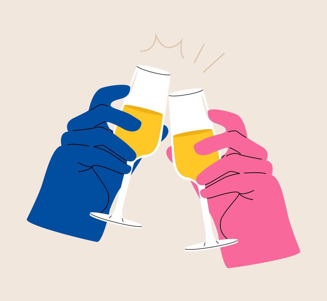 Hands of people clinking glasses with sparkling wine celebrating holiday. Colorful illustration vector