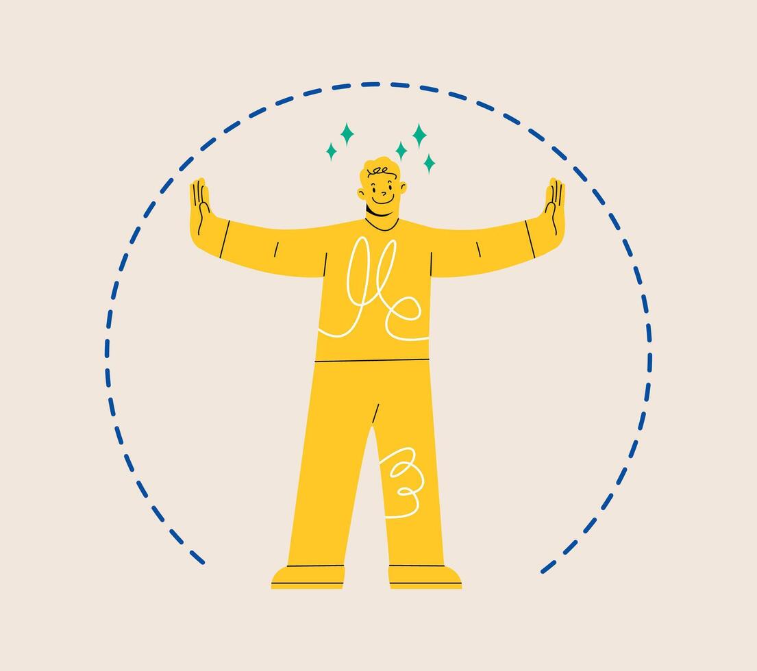 Man spreads his arms wide and marks boundaries of his space. Personal boundaries concept. Colorful illustration vector