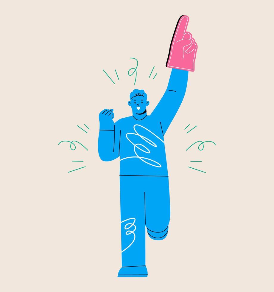 Man is fan of sports team with giant glove. Colorful illustration vector