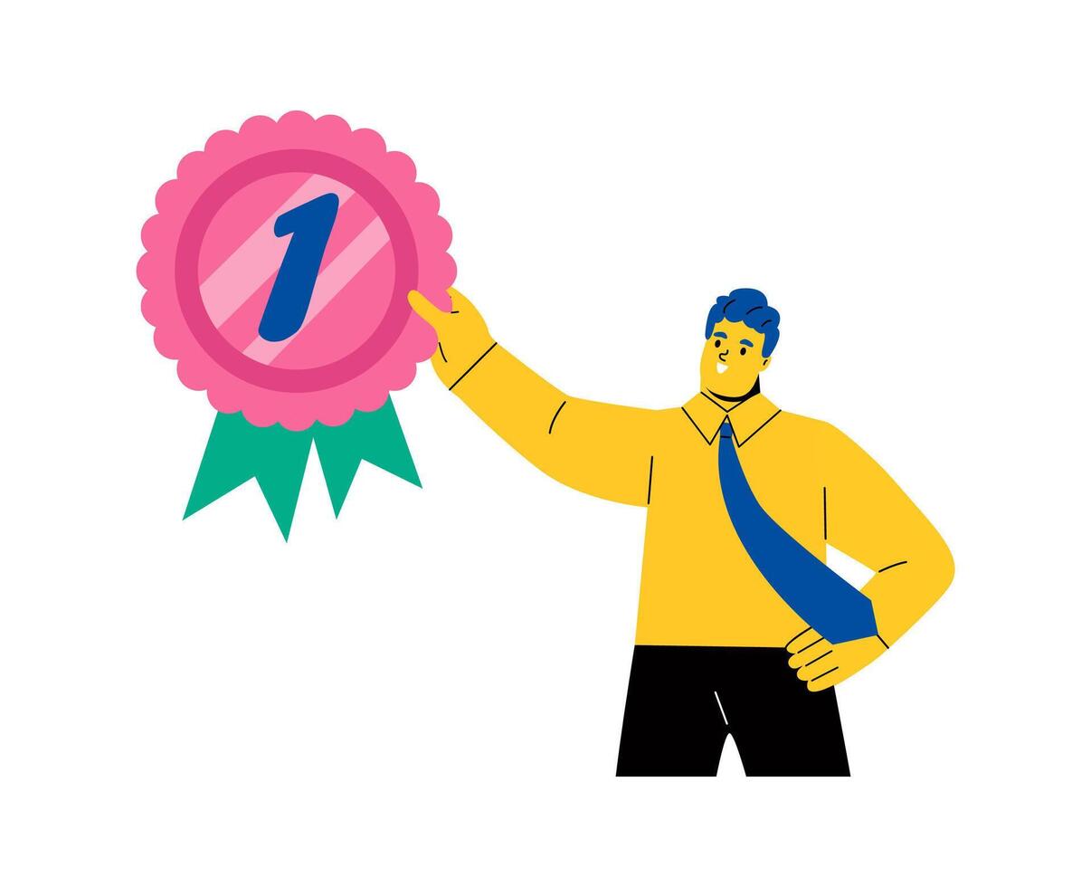 Happy business man holding golden medal. Flat illustration isolated on white background vector