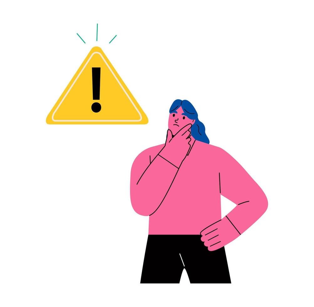 Exclamation point, error, warning, limitation. A pensive business woman stands at the exclamation mark. Error, warning, limitation. Flat illustration isolated on white background vector