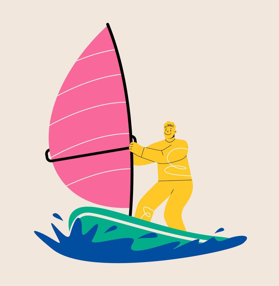 Man surfer windsurfing, standing on surfboard. Colorful illustration vector