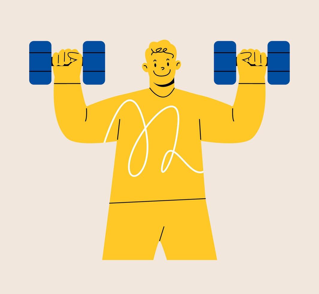 Man plays sports with dumbbells. Colorful illustration vector