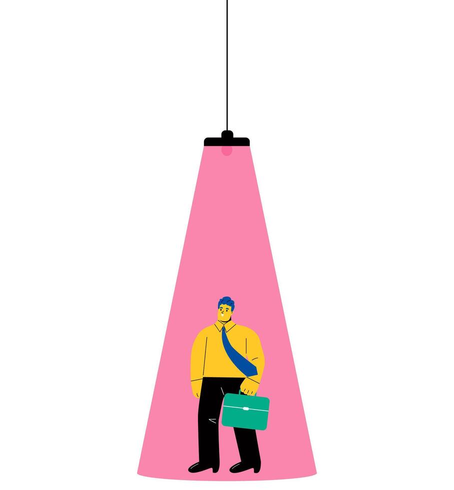 Business man standing in bright spotlight. Symbol of new career, employment, new opportunity. Flat illustration isolated on white background vector