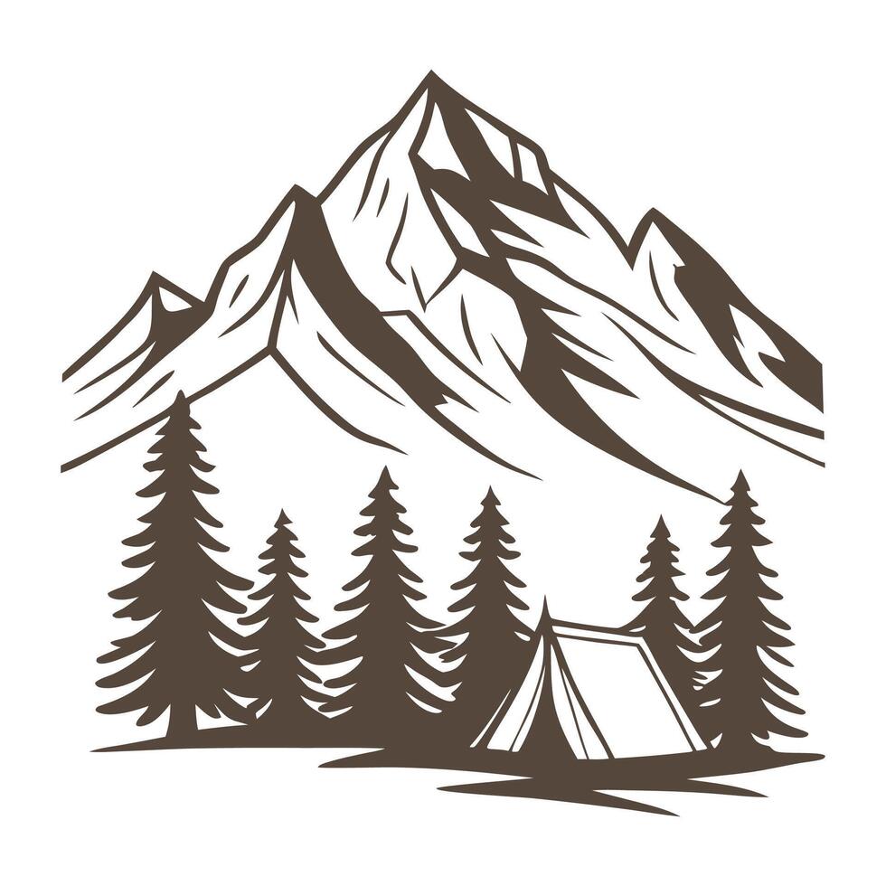 Monochrome hand drawn mountain outline illustration vector