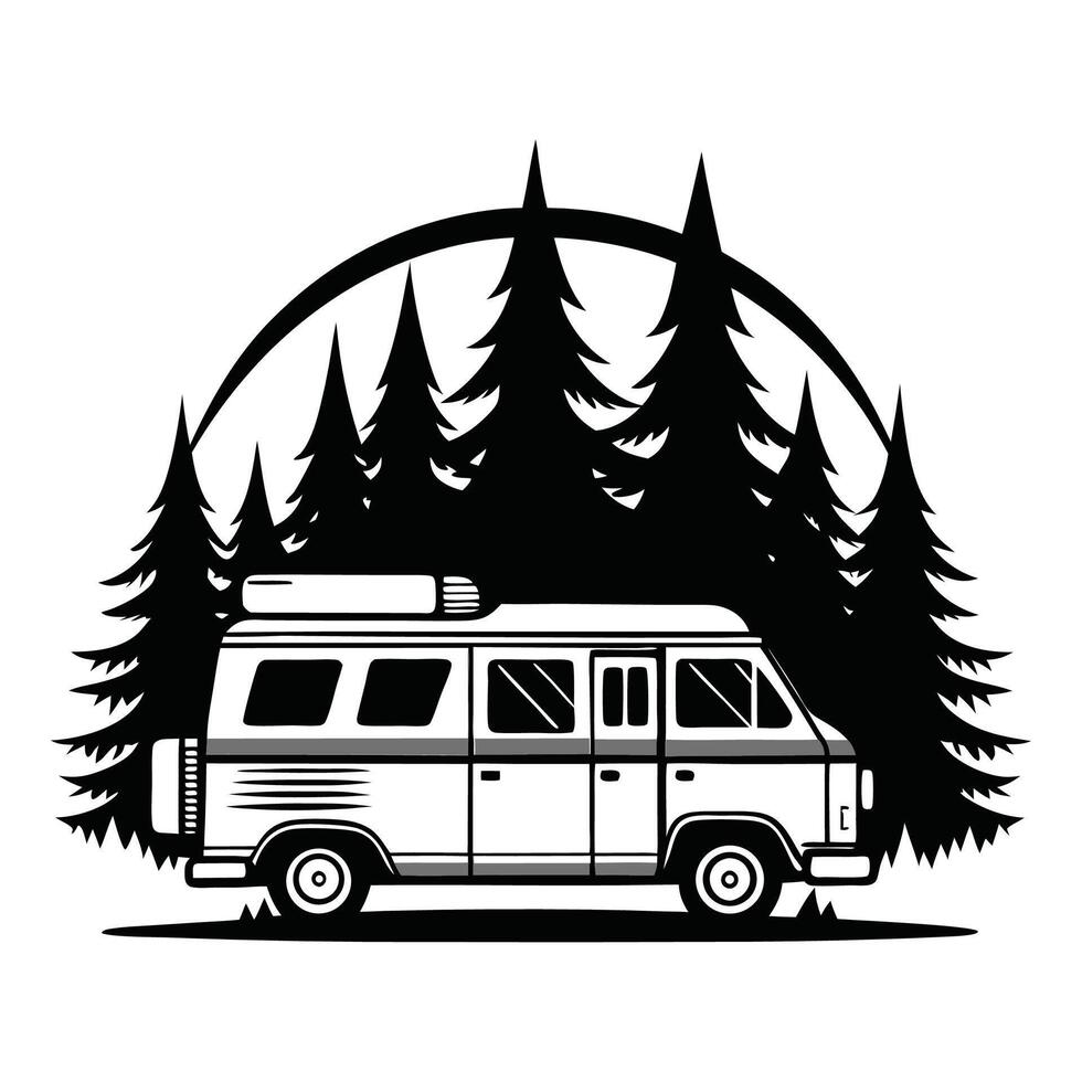 A black and white image of a van with mountains in the background, camper van illustration vector