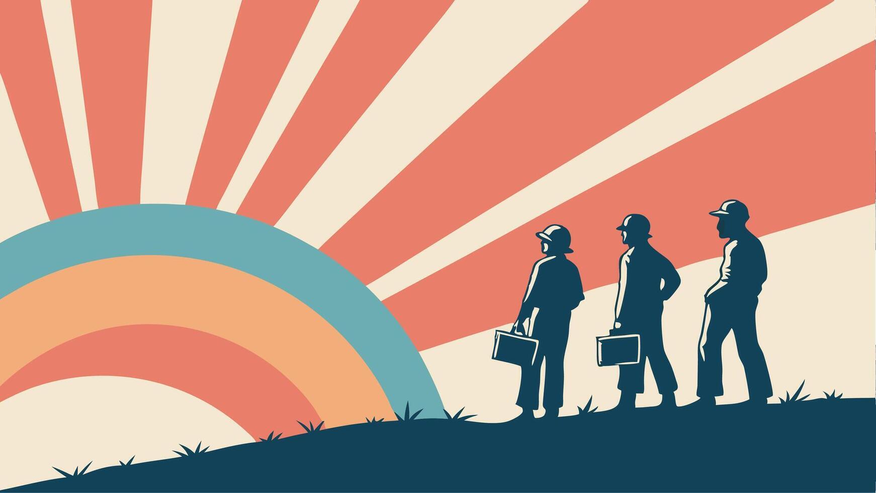 illustration of workers silhouettes with sunburst in the background, May 1st Day, Labour Day concept, Labor Day, Workers Day vector