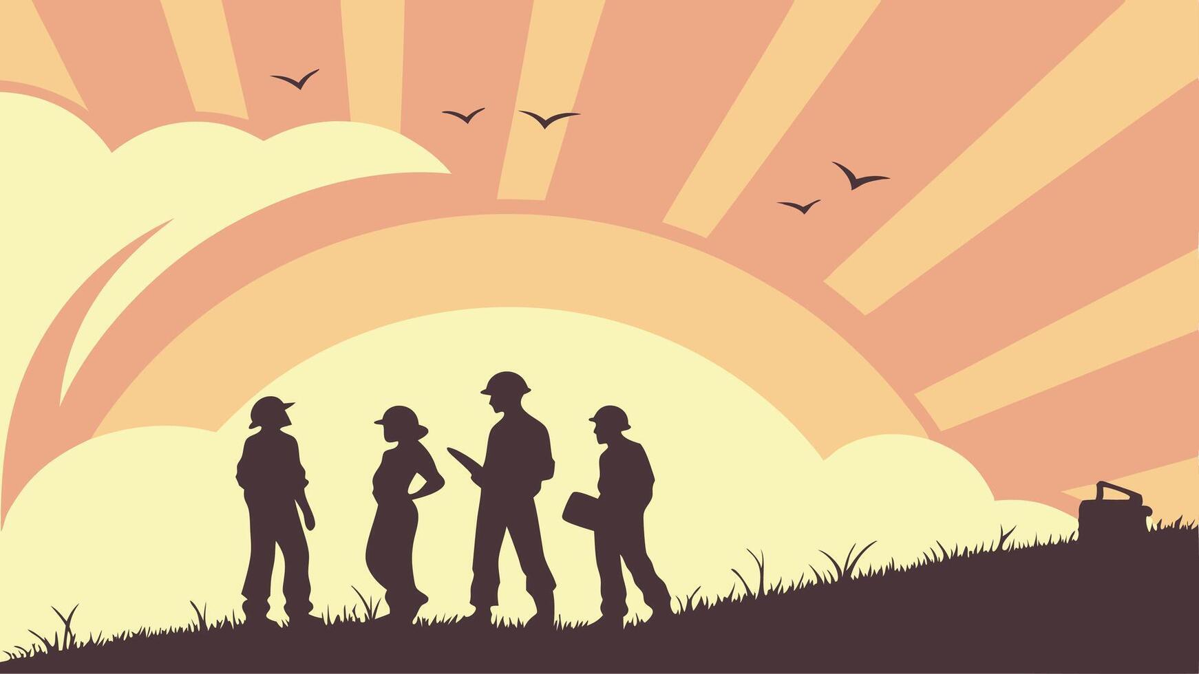 illustration of workers silhouettes with sunburst in the background, May 1st, Labour Day concept, Happy Labour Day, Labor Day vector