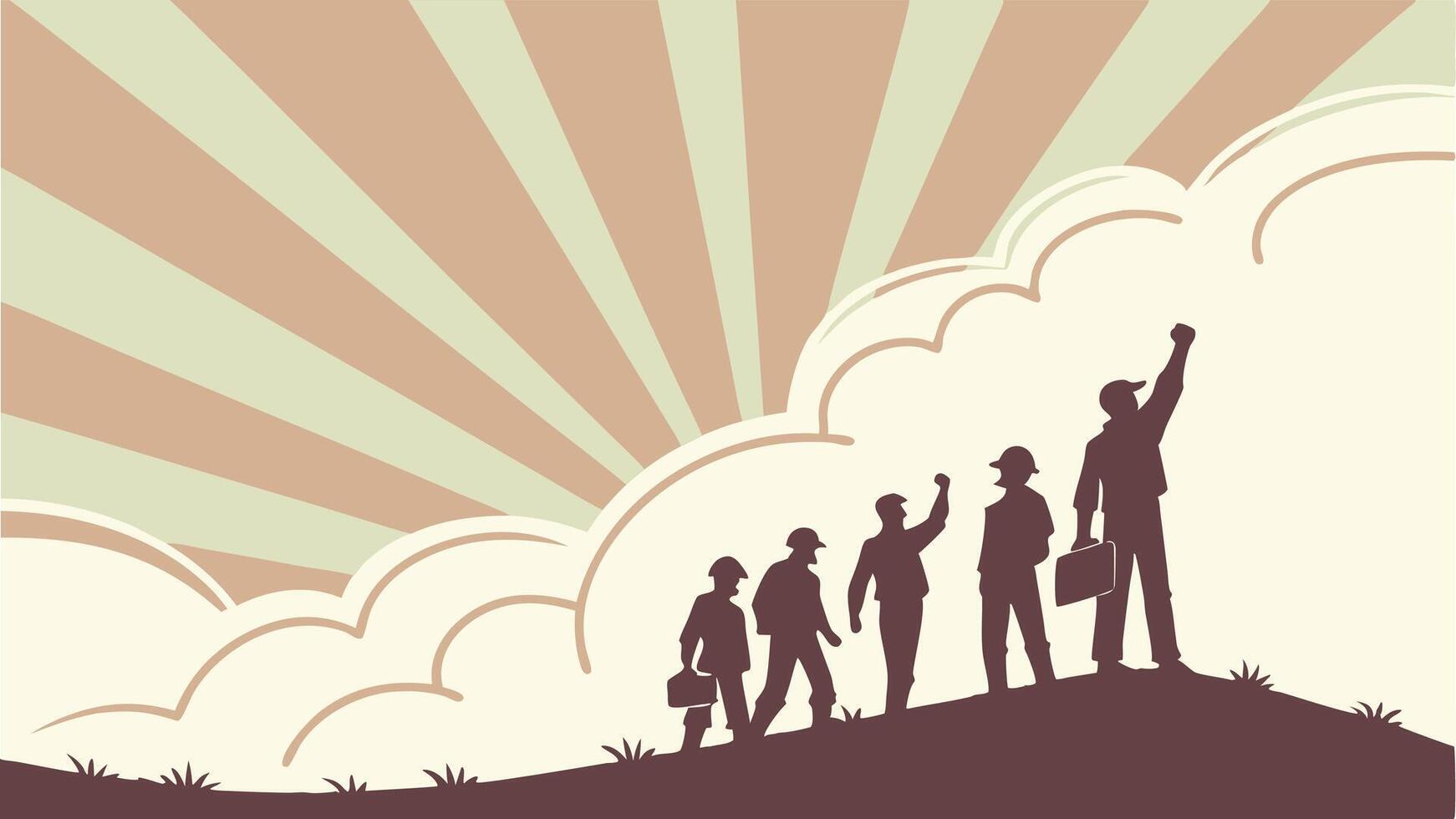 illustration of workers silhouettes with sunburst in the background, May Day concept, Happy Labour Day, Labor Day vector