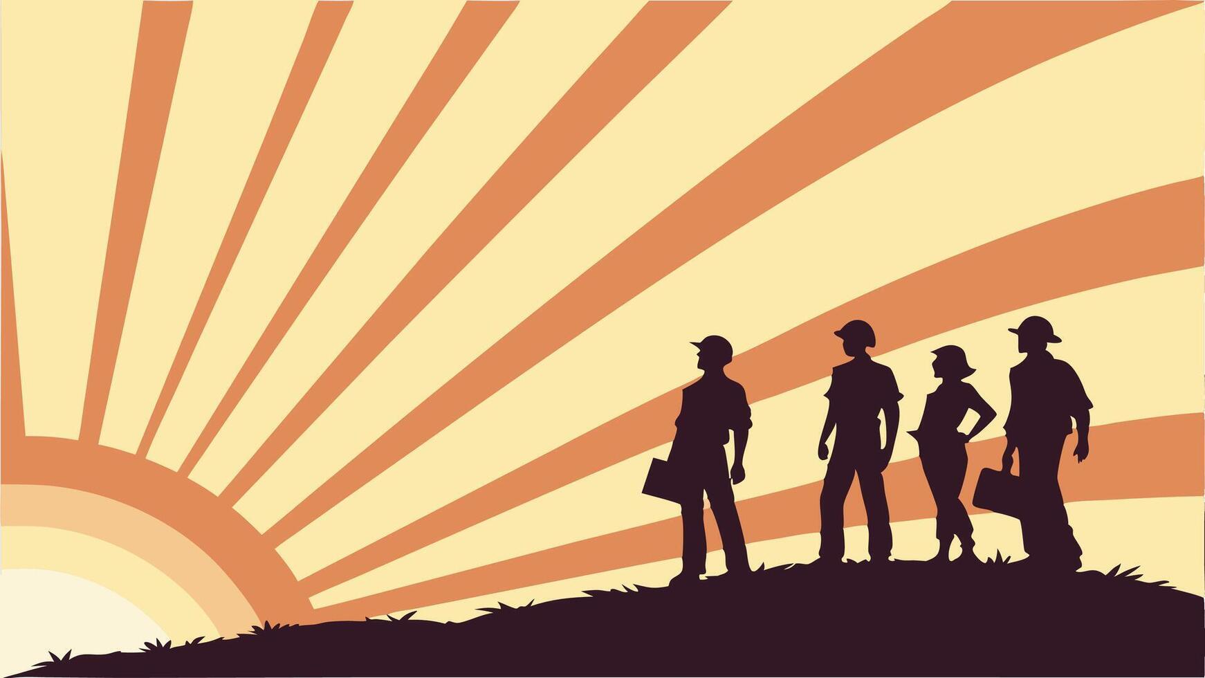 illustration of workers silhouettes with sunburst in the background, Labour Day concept vector