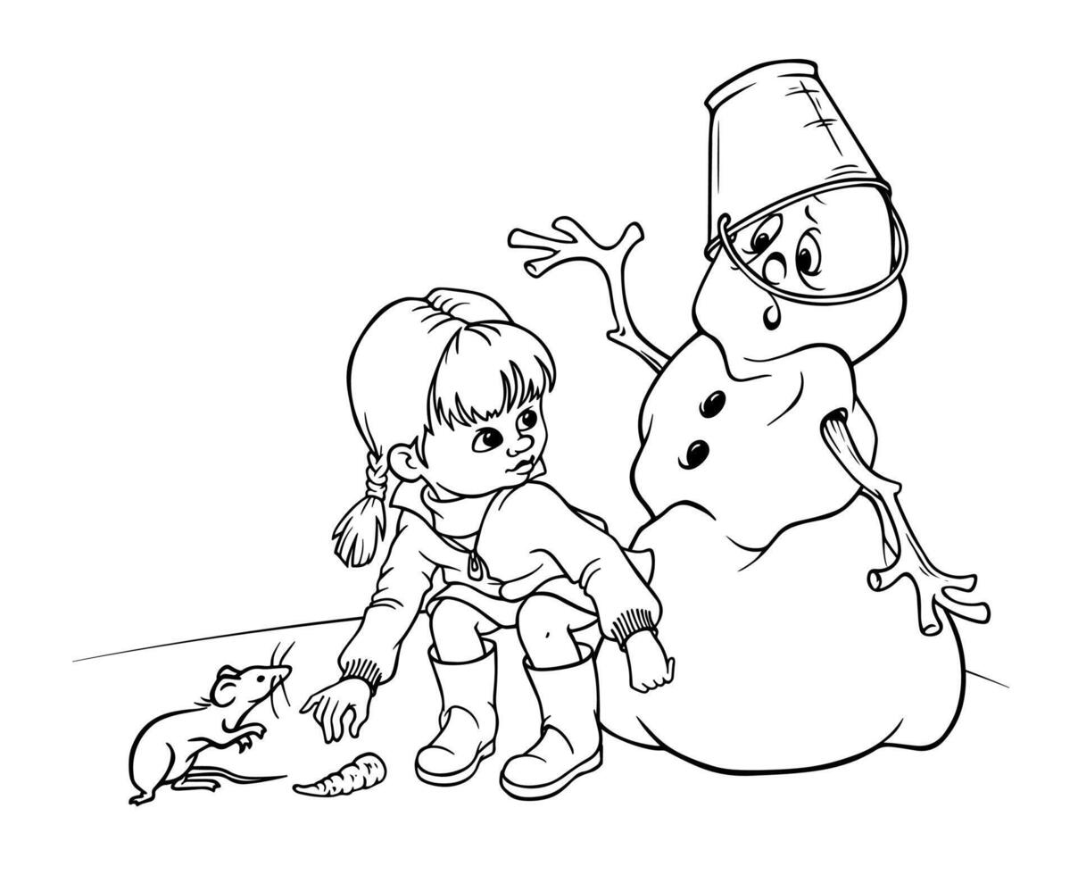 A little girl squatted down to pick up the carrot nose of a melting snowman with a bucket on his head, who sadly watched as a mouse was about to eat his nose. Outline composition for a coloring book vector