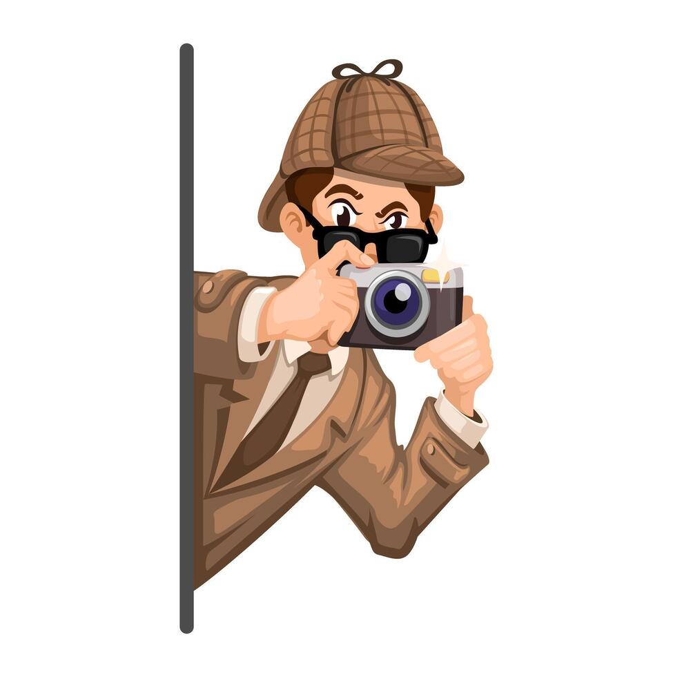 Detective Takes Photos While Hiding Character Illustration vector