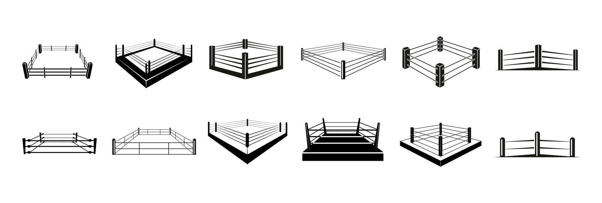 Boxing Ring Icon Set. Sport Arena Silhouettes, Logos, and Fighting Zone vector