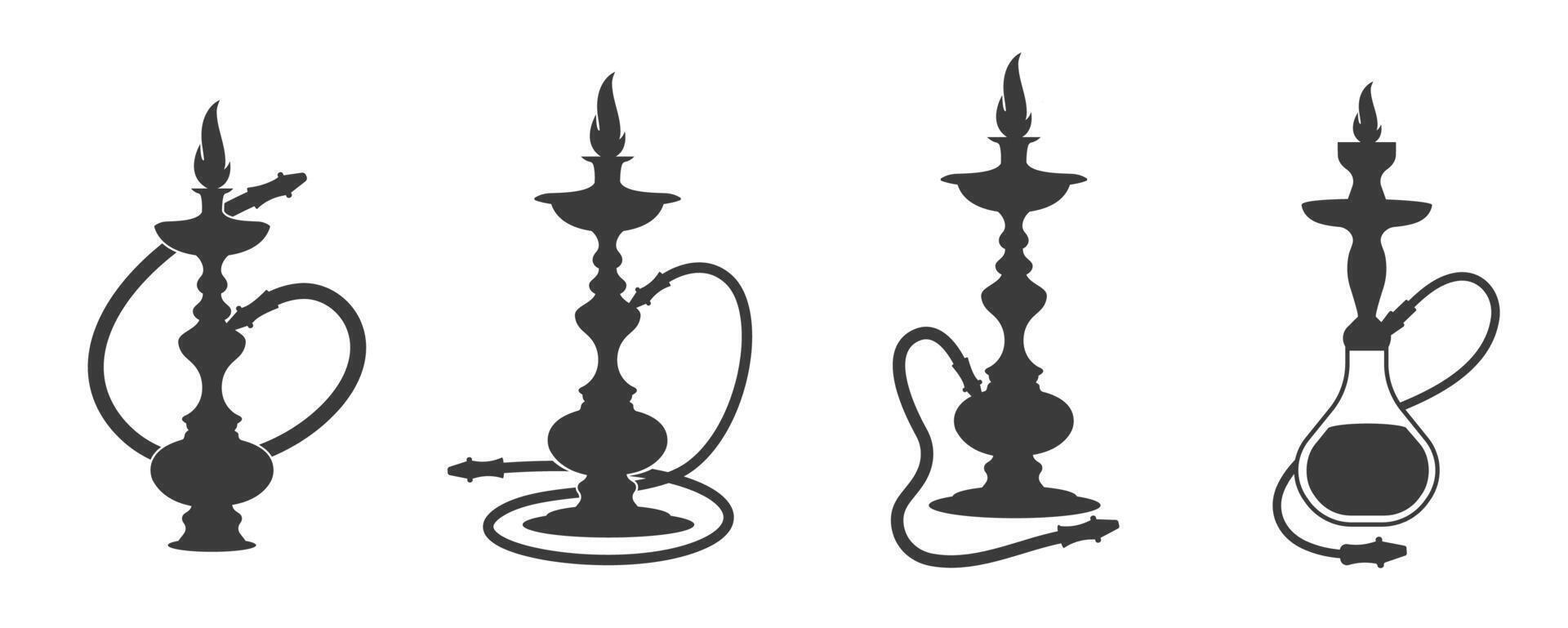 Four Black Hookah Silhouettes Set. vector