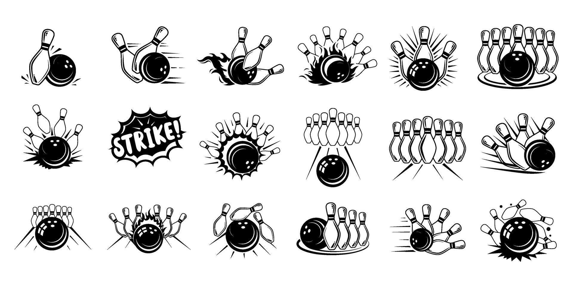 Skittles and Ball Crushing Minimalist Icons. Black and White Bowling Silhouette vector