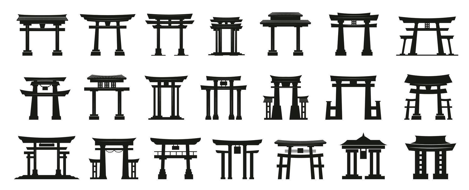 Torii Gate Silhouette Icons and Minimalist design. Traditional Japanese Entrance Set vector