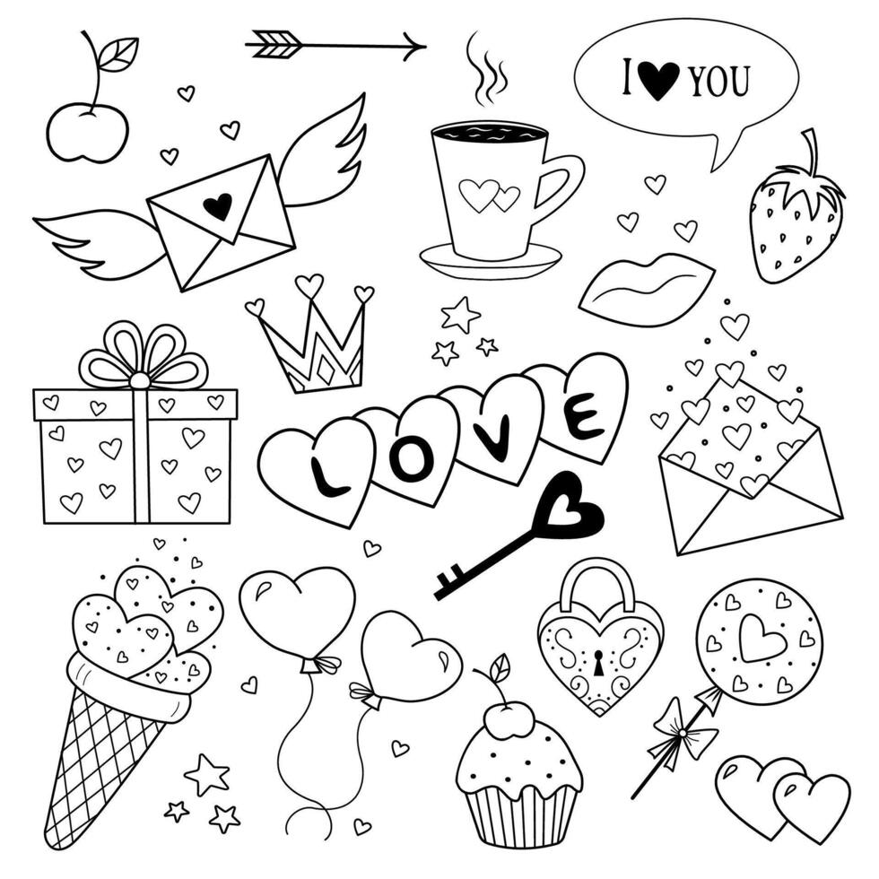 Set of illustrations on the theme of Valentine is Day. Wedding elements, hearts, romantic badges. A set of drawings for Valentine is Day. Designer illustration for Valentine is day vector