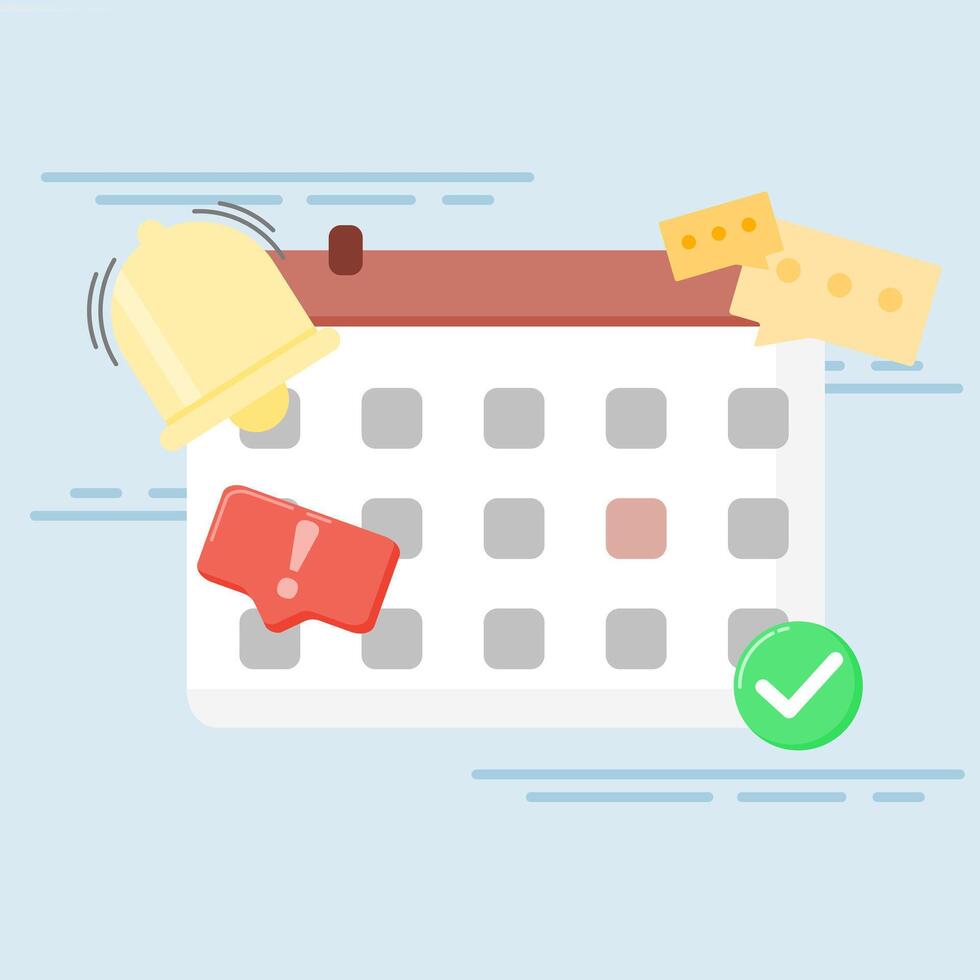 Date and time marking concept for event reminders. Calendar with clock for appointment schedule, deadline event days, vacation planning. Flat style illustration. vector