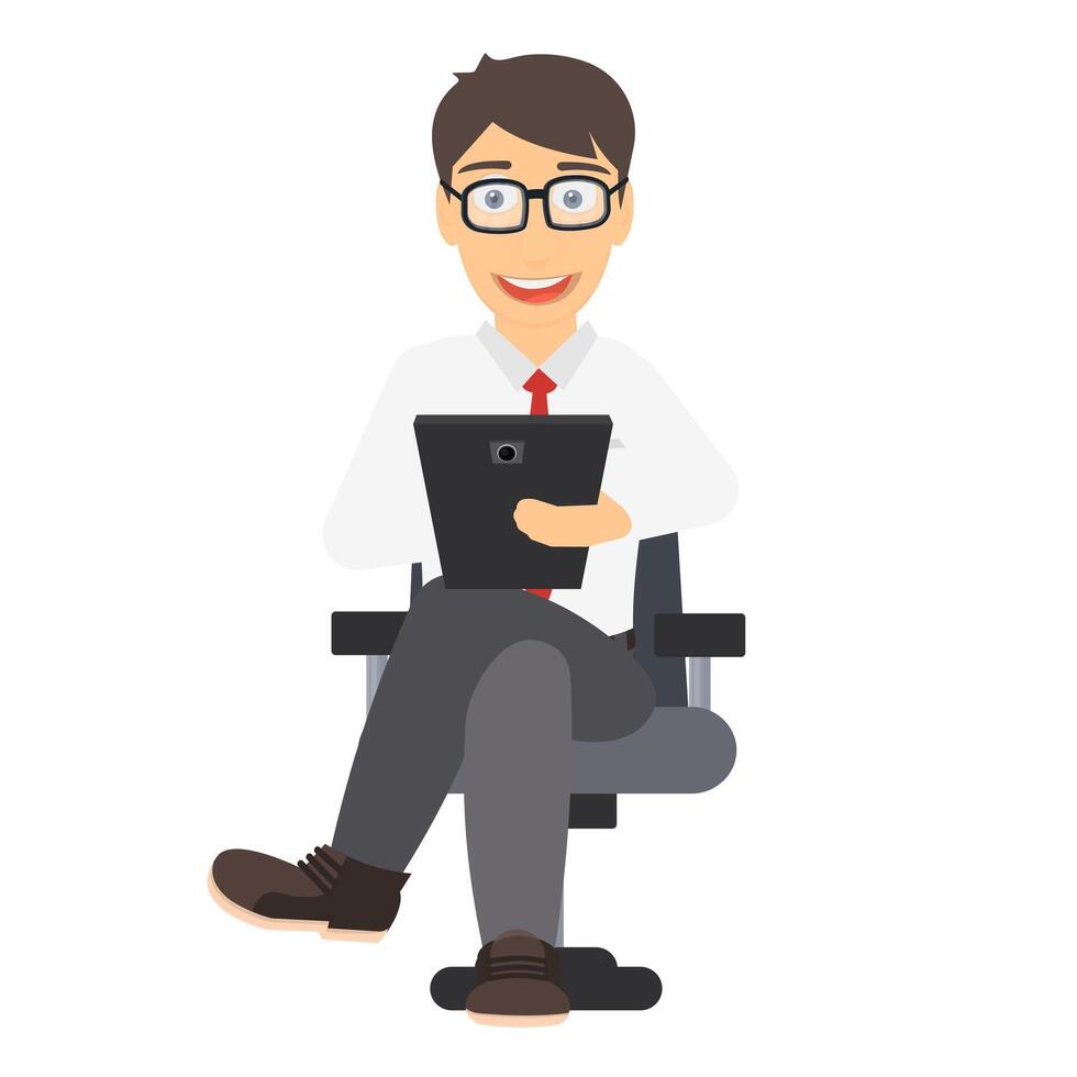 Man is using a tablet. Consultant sitting in an armchair vector