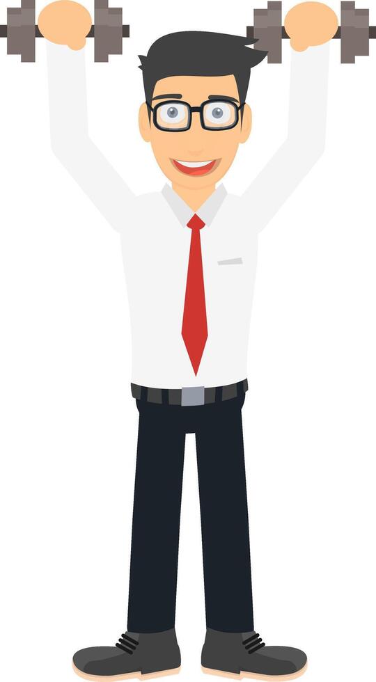 A man with a dumbbell. A businessman trains, does sports exercises vector