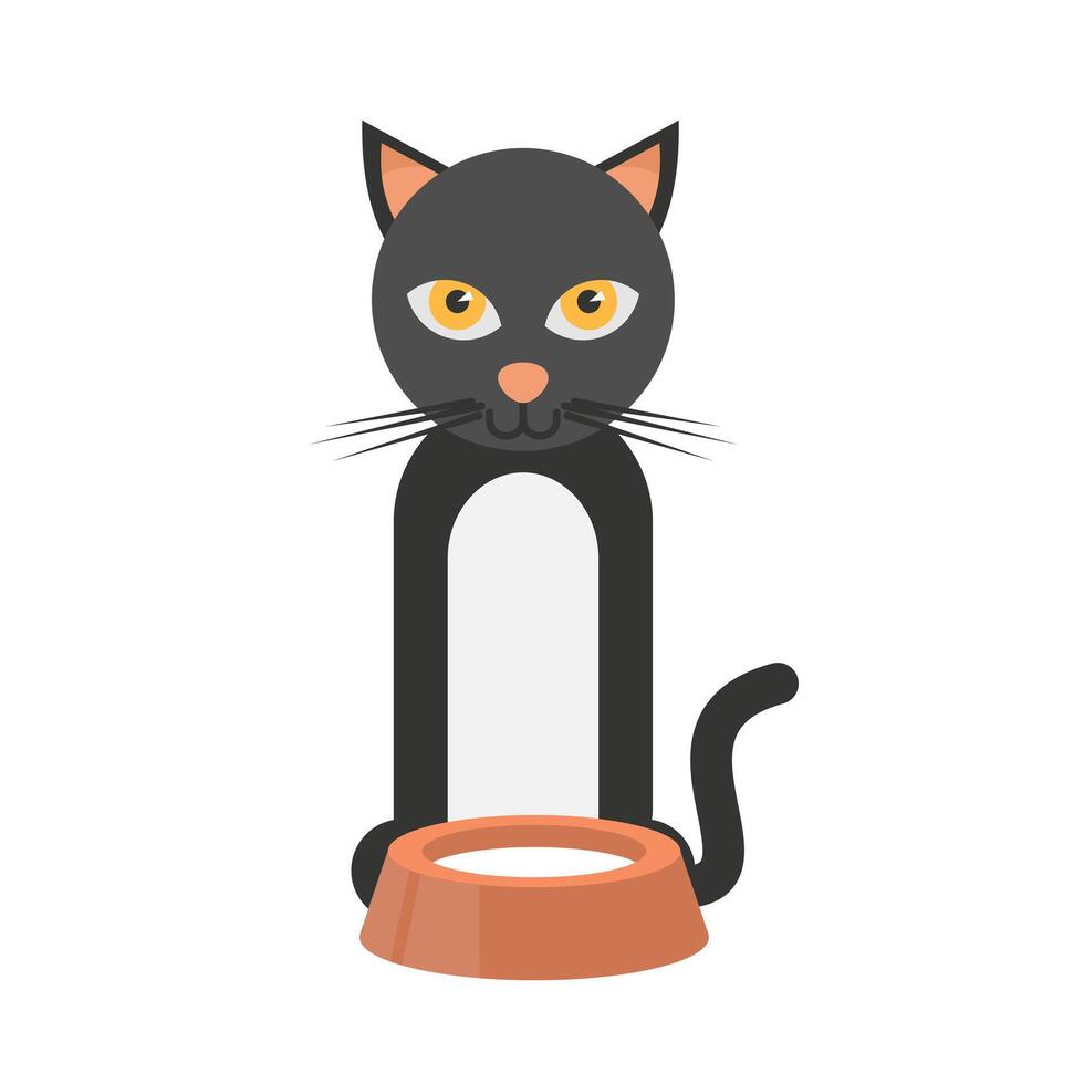 The cat is eating. Cat with a bowl of milk vector