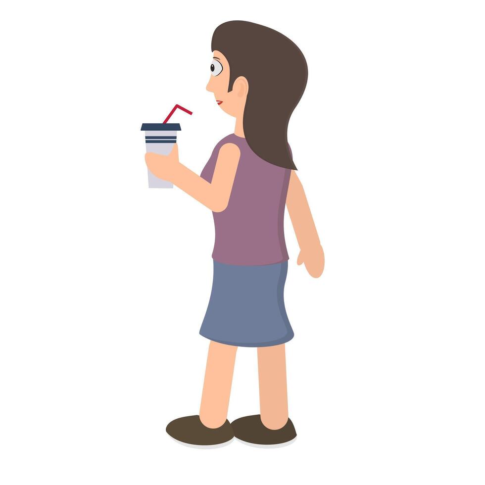 A woman drinks soda. A cup with a straw vector