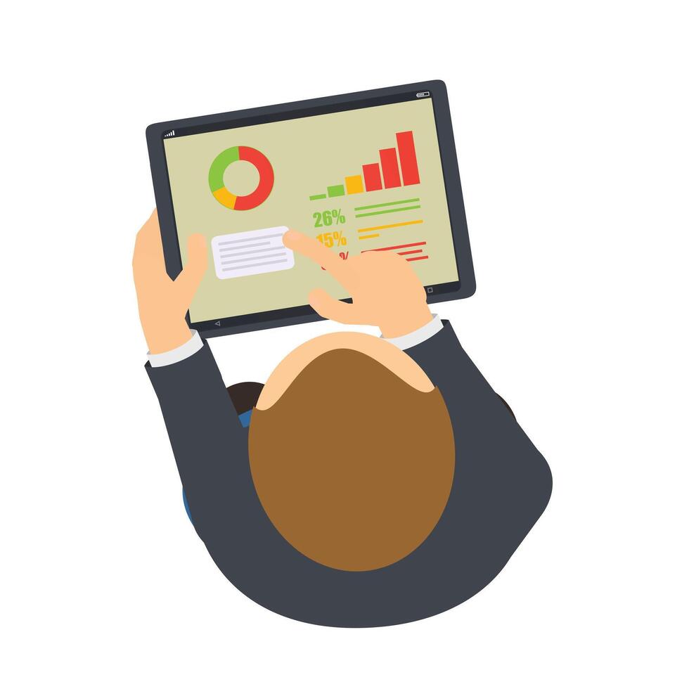 A man with a tablet. A businessman looks through business financial charts vector