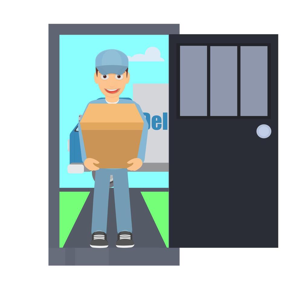 Delivery man with a box. Courier with a parcel in an open door vector