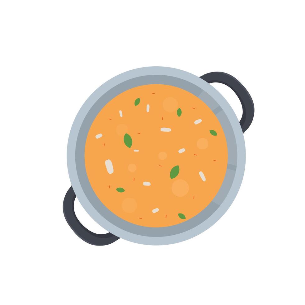 The food is in a pot. Cooking soup vector