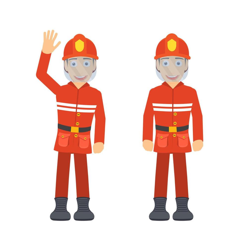 Firefighter. Fireman greets and waves vector