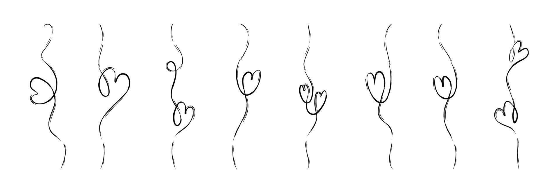 Love heart line frame. Art stroke sketch divider for wedding elegant illustration. Romantic ornament with simple thin scribble motif. Linear grunge ink element for decorative vertical boarder. vector