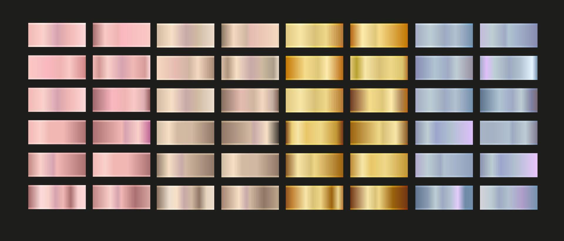 Gold rose, silver, holographic, bronze and golden foil texture gradation set. shiny hologram and metallic gradient collection vector