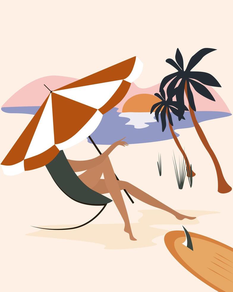 girl on the beach, Summer illustration girl in a chaise lounge on the seashore ocean, girl in Hawaii. Picture screensaver, poster, background screensaver, cover calendar greeting card hand drawn vector